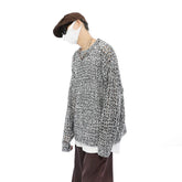 Hearujoy Mens Autumn Winter Mixed Color Sexy Hollow See-Through Long-Sleeved Knitted Sweater Essential Casual Trend Tops For Men